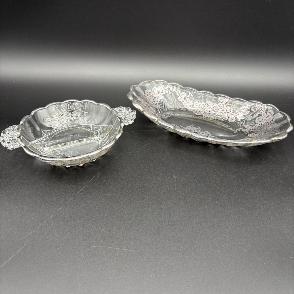 Set‎ Silver City Glass Flanders Poppy Divided Relish & 11" Oval Dish Silver Leaf